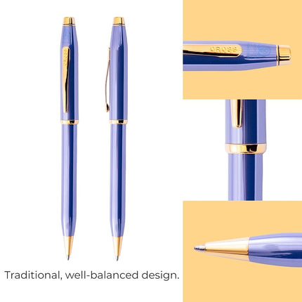 CROSS Century II AT0082-165 Twist-Action Lacquer Ballpoint Pen with Gold Plated Appointments, includes Premium Gift Box and Black Cartridge, Medium Point, 1 Pack, Lavender Blue