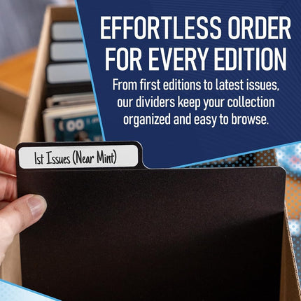 Black Comic Book Dividers (25 Pack) | 30PT Polyethylene Plastic, Bins, Cabinets, Library Dividers, Comic Book Boards for Fabric Storage, Divider with Write-On Index Folding Tab, Archival & Acid Free.