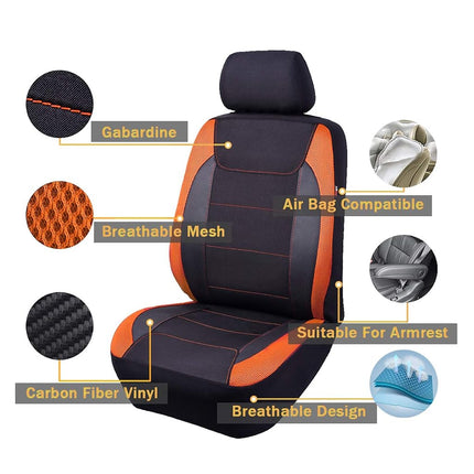 Flying Banner car seat Covers Quality Carbon Fiber Air Mesh Fabric Sport Low High Back Bucket Back Pocket Arm Rest (2 Fronts - Low Bucket, Orange)