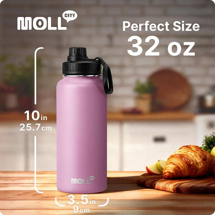 Mollcity Insulated Water Bottle-32oz/950ml Stainless Steel Vacuum Wide Mouth Sports Flask with Silicone Boot-Reusable Metal Leak Proof Travel Water Bottle for Girls Boys, BPA-Free(Purple)