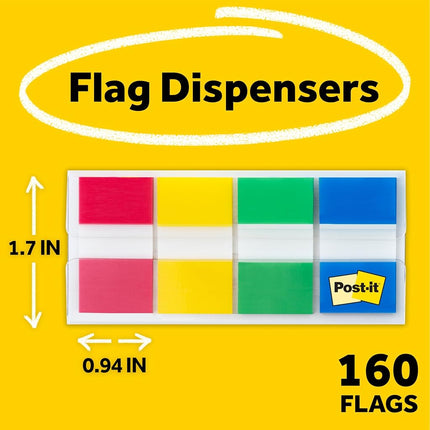 Post-it Flags with On-the-Go Dispenser, Assorted Primary Colors, 1-Inch Wide, 80/Dispenser, 2-Dispensers/Pack,680-RYGB2
