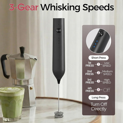 YARRAMATE Electric Milk Frother Wand with Stainless Steel Whisk and Stand, Fast Rechargeable Coffee Mixer with 3 Speeds, Handheld Drink Stirrer, Whisk Foam Maker for Lattes, Cappuccino, Matcha (Black)