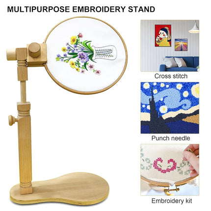 Adjustable Embroidery Hoop Stand - Hands-Free Cross Stitch Stand Lap, Beech Wood Embroidery Hoop Holder Frame, Rotated Needlepoint Holder Stand for Art Craft Sewing Needlework Projects