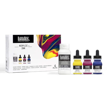 Liquitex Professional Acrylic Ink, Set of 3 x 30 ml Primary Colours and 1 x 118 ml Pouring Technique Medium