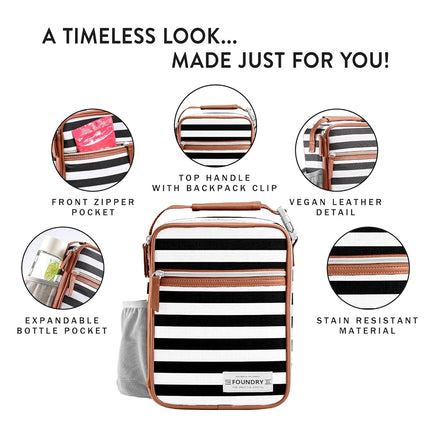 Foundry by Fit + Fresh, Thayer Insulated Lunch Bag with 2 Food Containers, Reusable Lunch Box, Mini Cooler Bag, Perfect for Work, College, Picnics, Black Stripe