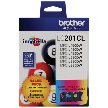 Cartuchos de tinta Brother originales de rendimiento estándar a color, LC2013PKS, paquete de tres tintas de repuesto a color, incluye 1 cartucho de cian, magenta y amarillo, rendimiento de página de hasta 260 páginas/cartucho, LC203