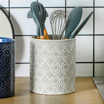 KOOV Kitchen Utensil Holder, Large Utensil Holders for Countertop, 6 x 7 Inches Ceramic Utensil Crock, Deep and Stable, Cooking Utensil Holder, Embossed Pattern, White