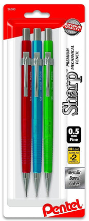 Pentel Sharp Mechanical Pencil, (0.5mm), Metallic Barrels, Assorted Colors (B/C/D), 3-Pk (P205MBP3M1)