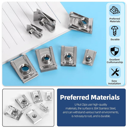Glarks 50pcs M4 M5 M6 M8 U-Style Clip-On Nuts Set, 304 Stainless Steel Thread Clip Nut, U Nuts Clamp Set, U-Shaped Nut, Automotive U-Clips for Engine, Fender, Bumper, Dash, Interior Trim Panels