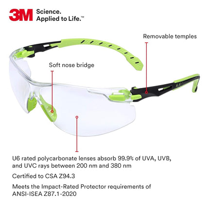 3M Safety Glasses, Solus 1000 Series, ANSI Z87, Scotchgard Anti-Fog, Clear Lens, Green/Black Frame