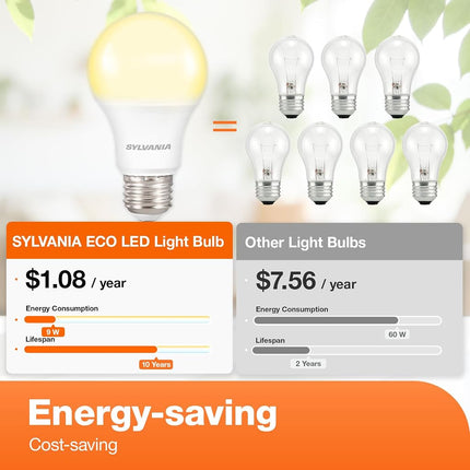 Bombilla LED Sylvania A19, equivalente a 60 W, eficiente 9 W, compatible con CEC, 10 años, no regulable, 2700 K, 800 lúmenes, 90 CRI, blanco suave - paquete de 24 (el paquete puede variar)