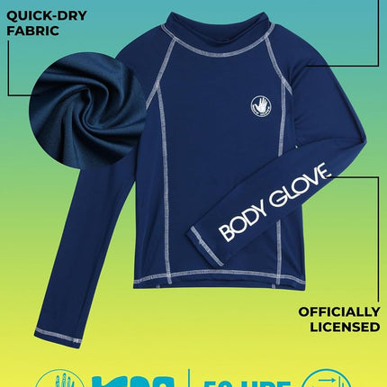 Body Glove Boys Swim Shirt - UPF 50+ Sun Protection Quicky Dry Long Sleeve Rash Guard for Boys Youth Kids Swimwear (5-14), Navy Long Sleeve, 8