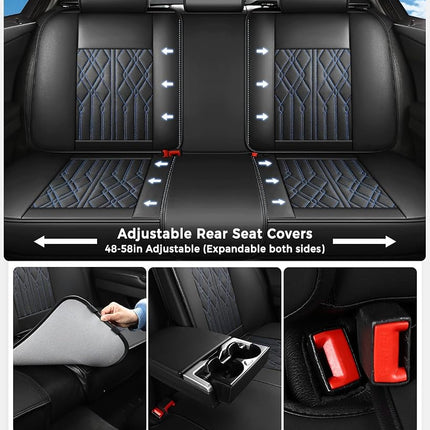 Huidasource Leather Back Row Seat Covers, Waterproof Rear Split Bench Car Seat Covers, Vehicle Seat Cushion Cover Protector Universal Fit for Most Cars Sedan SUV Pickup Truck(Back Row/Black&Blue)