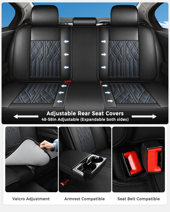 Huidasource Leather Back Row Seat Covers, Waterproof Rear Split Bench Car Seat Covers, Vehicle Seat Cushion Cover Protector Universal Fit for Most Cars Sedan SUV Pickup Truck(Back Row/Black&Blue)