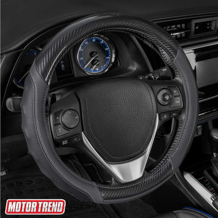 Motor Trend SW-812 Gray Ultra Sport Pebbled Leather Steering Wheel Cover with Carbon Fiber Detail-Universal Fit for Standard Sizes 14.5 to 15.5 inches Black