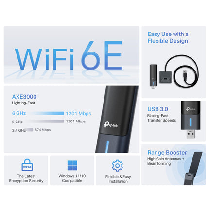 Adaptador USB WiFi 6E de TP-Link para PC de escritorio - (Archer TXE50UH) Adaptador de red inalámbrico de triple banda AXE3000, latencia ultrabaja, MU-MIMO, OFDMA, seguridad mejorada, WPA3, compatible con Windows 11/10