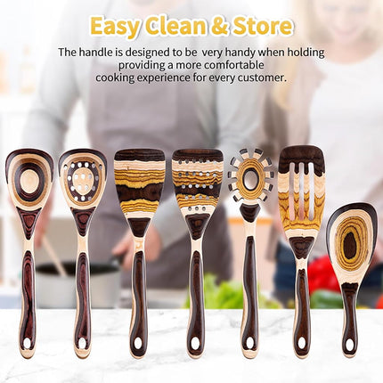 Gudamaye 7-Piece Brown Wooden Cooking Spoon Set – Eco-Friendly, Non-Stick, Heat Resistant