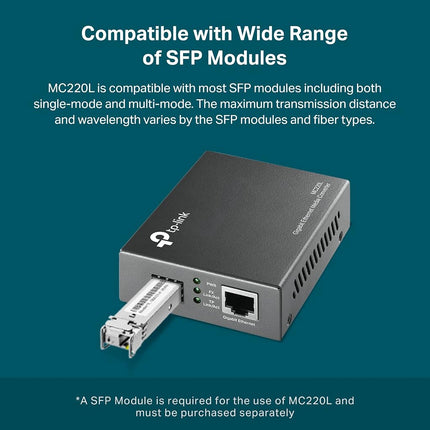 TP-Link Gigabit SFP to RJ45 Fiber Media Converter | Fiber to Ethernet Converter | 10/100/1000Mbps RJ45 Port to 1000Base-SX/LX SFP Slot Supporting MiniGBIC Modules (MC220L)