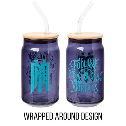 Silver Buffalo Disney Haunted Mansion “Foolish Mortals” Featuring Madame Leota Glass Jar Tumbler with Bamboo Lid and Glass Straw, 16 Ounces