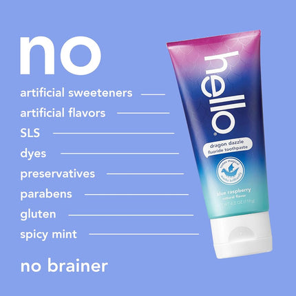 hello Dragon Dazzle Blue Raspberry Kids Toothpaste, Fluoride Toothpaste, Ages 2+, No Artificial Sweeteners, No SLS, Gluten Free, Vegan, Pack of 3, 4.2 OZ Tubes