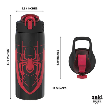 Botella de agua Zak Designs Marvel Spider-Man para viajes y el hogar, acero inoxidable con aislamiento al vacío de 539 ml con tapa de boquilla de cierre, asa de transporte incorporada, diseño a prueba de fugas (Miles Morales)