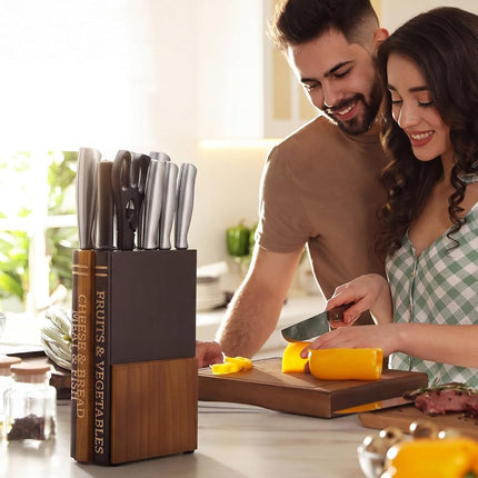 Yalikop Books Universal Knife Block Holder for Kitchen Countertop Large Wood Knife Block Without Knives 12 Slot Decorative Storage Organizer for Butcher Chef Gift