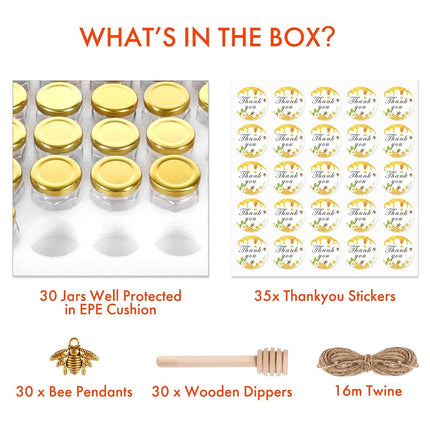 AuroTrends 1.5oz Mini Honey Jars with Dipper 30Pack, Glass Jars for Baby Shower Favors/Wedding Favors for Guests Bulk-Mini Canning Jars with Wooden Dippers/Bee Charms (1.5 fl.oz-30Pack)