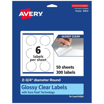 Avery Glossy Clear Round Labels with Sure Feed, 2.75" Diameter, 300 Glossy Clear Labels, Print-to-The-Edge, Laser/Inkjet Printable Labels
