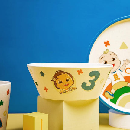 Zak Designs CoComelon Kids Dinnerware Set 3 Pieces, Durable and Sustainable Melamine Bamboo Plate, Bowl, and Tumbler are Perfect for Dinner Time with Family (JJ, Cody, Nina)
