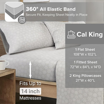 Comfort Spaces Cotton Flannel Breathable Warm Deep Pocket Sheets with Pillow Case Bedding, Cal King, Grey Snowflakes 4 Piece