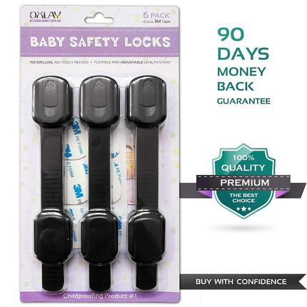 Baby Proofing Safety Cabinet Locks - Child Proof Latches for Dresser Drawer Cupboard Doors Closet Oven Refrigerator Fridge - Adjustable Childproof Straps by Oxlay - Black - 6 Pcs