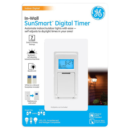 GE SunSmart In-Wall Digital Timer, Automates Indoor and Outdoor Lights, Daily/Weekly Settings, Sunset/Sunrise Presets, ON/OFF Push Button Door, Backlit LCD, White and Lt. Almond Door, 32787