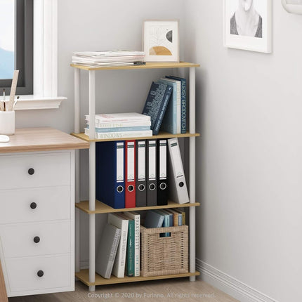 Furinno TURN-N-TUBE Standing Shelf, 4-Tier Open Shelving Unit with Round Tubes, Toolless Display Storage Shelves, for Organization and Storage, Living Room, Bedroom, Home Office, Blonde Maple