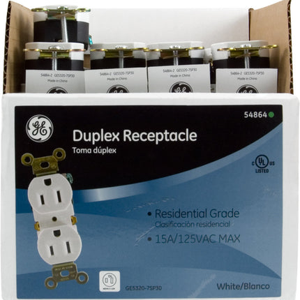 GE Duplex Receptacle Electrical Outlet, 3 Prong Electrical Socket, White, Wall Outlet, Easy Install, 15 Amp, UL Listed, in-Wall Receptacle, 54864, 1 Pack