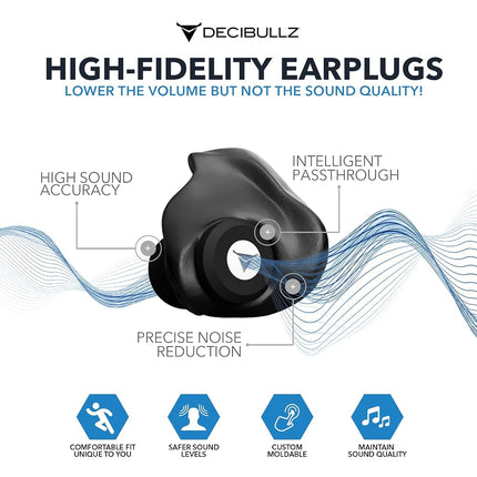 Decibullz - Custom Molded High Fidelity Earplugs - Hearing Protection for Musicians, Concertgoers, and Sensory Disabled - Black