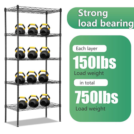 BestOffice | 5-Tier Wire Storage Shelves | 22x12x48 | Black | with Adjustable Racks | Heavy-Duty Metal Shelf, Holds Upto 750 lbs | No-Tool Assembly | Ideal for Home & Garage Shelving