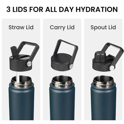 Konokyo Insulated Water Bottle with Straw,18oz 3 Lids Metal Bottles Stainless Steel Water Flask,Navy Blue
