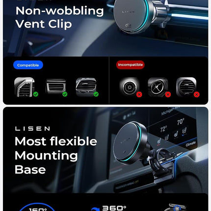 LISEN for Qi2.2 25W MagSafe Car Charger Mount with Cooling Fan＆95W Adapter
