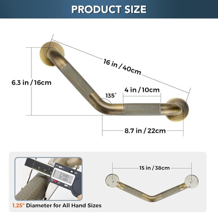 Grab Bars for Bathtubs and Showers- 1-1/4 x 16 Angled Shower Grab Bar for Seniors Knurled Stainless Steel Handicap Grab Bars for Wall (Antique Bronze, 1 Pack)