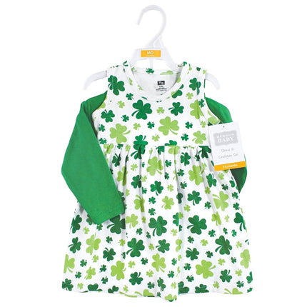Hudson Baby Conjunto de Vestido y Cárdigan de Algodón para Bebés Niñas, Tréboles, 3T