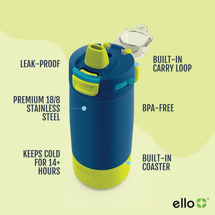Ello Kids Colby 12oz Stainless Steel Insulated Water Bottle with Straw and Built-in Silicone Coaster Carrying Handle and Leak-Proof Locking Lid for School Backpack, Lunchbox, and Outdoor Sports, Teal