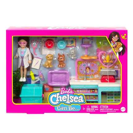 Barbie Chelsea Doll and Accessories, Pet Vet Playset with Doll, 4 Animals and 18 Pieces, HGT12