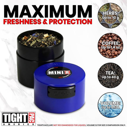 Tightpac America Minivac 1-Ounce Vacuum Sealed Dry Goods Storage Container, Black Body/Dark Blue Cap (TV1-SDB)