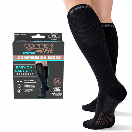 Copper Fit 2.0 Easy-On Easy-Off Knee High Compression Socks, 1 Pack, Black, Large-X-Large