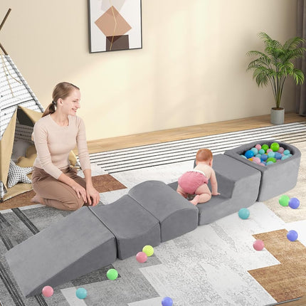 INFANS Climbing Toys for Toddlers, Foam Climbing Blocks and Ball Pit for Baby, 5pc Kids Climb and Crawl Block Activity Structure Play Set, Indoor Foam Play Gym Crawling and Sliding (Grey)