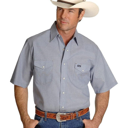 Wrangler Men's Cowboy Cut Western Two Pocket Short Sleeve Snap Work Shirt, Chambray, Medium