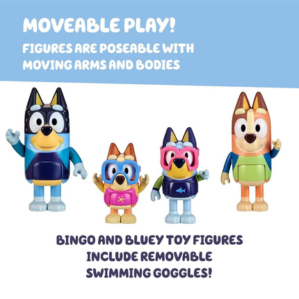 Bluey Figure 4-Pack, Family Beach Day 2.5-3 Inch, Bingo, Bandit And Chilli Character Figures With Accessories