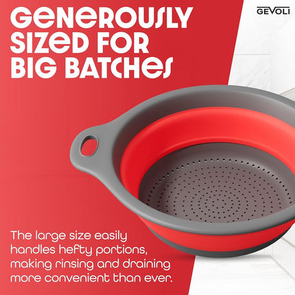Gevoli Collapsible Colander Food Strainer with Over-Sink Self Draining Base for Pasta Fruits and Vegetables, Round Foldable Draining Basket Grey/Red