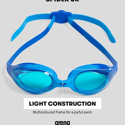ARENA Unisex Youth Spider Junior Swim Goggles Girls and Boys Ages 6 to 12 No Fog Non-Mirror Lens Easy to Adjust Strap No Leak, Blue/Gray/Blue