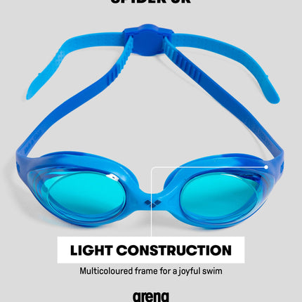 Gafas de natación ARENA unisex juveniles Spider Junior para niñas y niños de 6 a 12 años, lentes sin empañamiento ni espejo, correa fácil de ajustar, sin fugas, azul/gris/azul